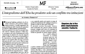 Articolo MF: L'integralismo dell'Eba ha prodotto solo un conflitto tra istituzioni