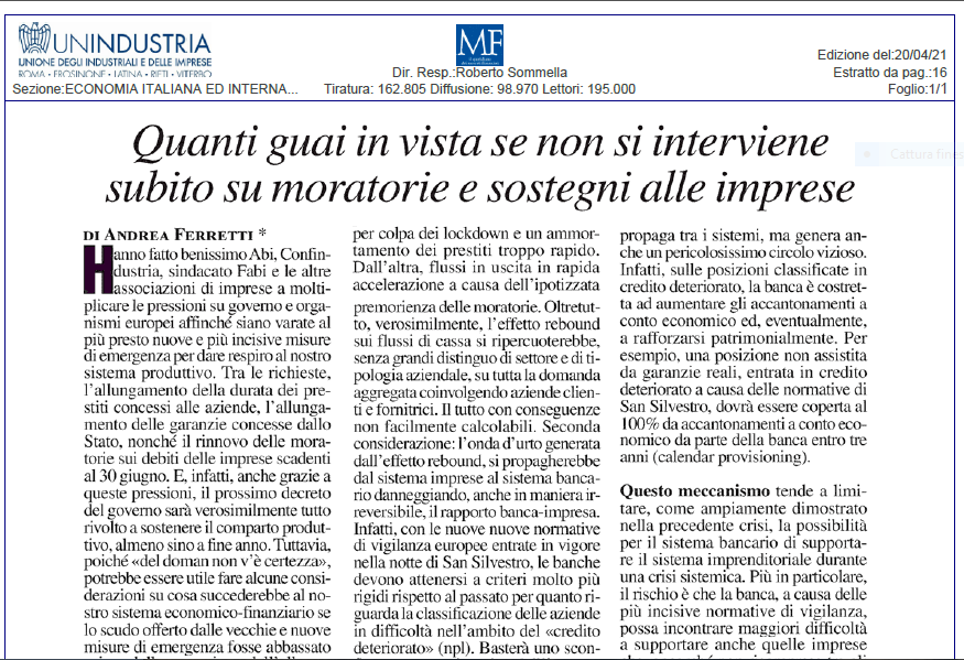 Quanti guai in vista se non si interviene subito su moratorie e sostegni alle imprese